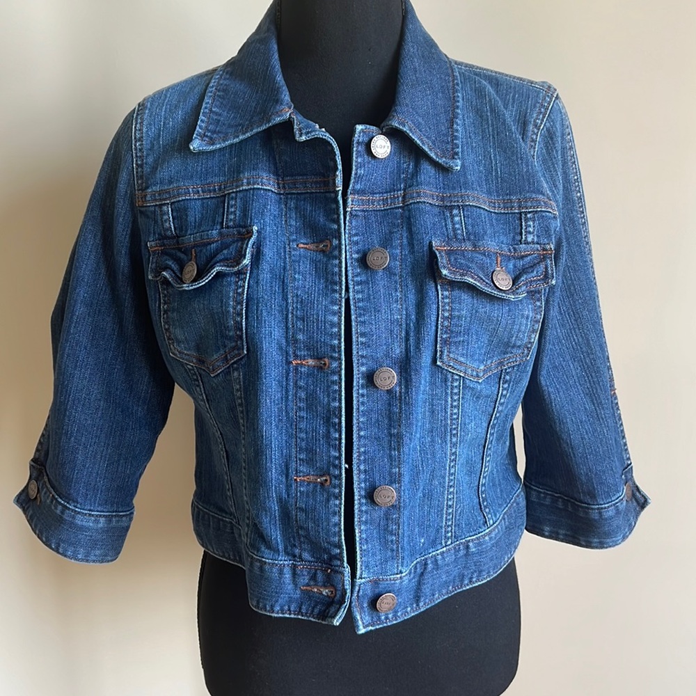Loft Outlet | Small | Denim Cropped 3/4 Sleeve Jacket | Chest Pockets w/ Buttons